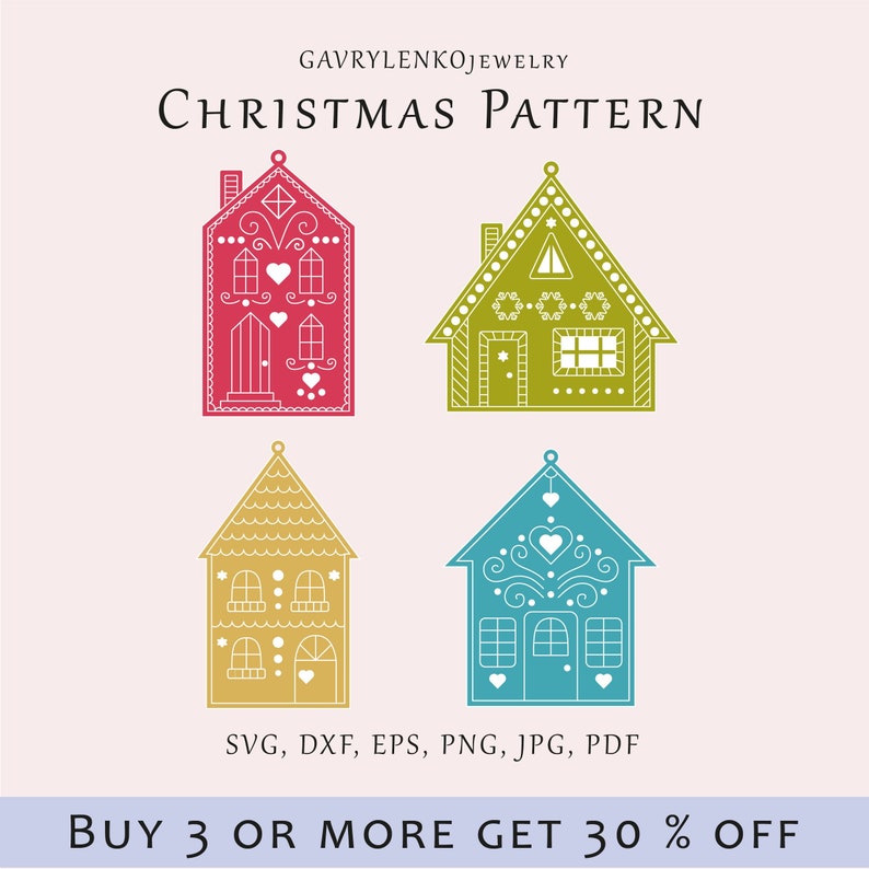 May include: Four colorful Christmas house patterns in red, green, gold, and blue. Each house features unique decorative elements like hearts and windows. The image includes the text "CHRISTMAS PATTERN" and file type options.
