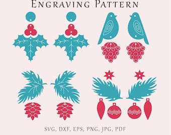 Christmas tree ornament earrings SVG, Christmas holly bird earrings template, Acrylic jewelry laser glowforge, Holiday jewelry cut pattern