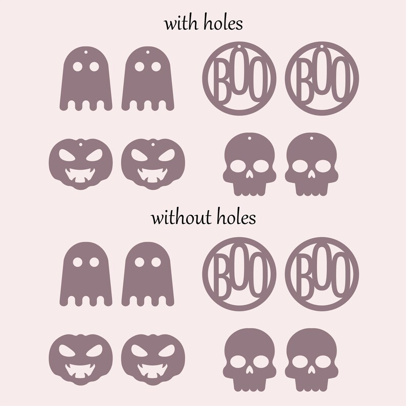 May include: Two sets of Halloween-themed earrings, each set with four different designs: ghost, pumpkin, skull, and "BOO". The top set has holes for earring posts, while the bottom set does not.