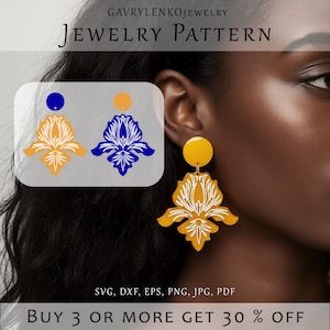 May include: Yellow and white floral earrings with a matching yellow stud. The image also shows a digital design of the earrings in yellow and blue. Text on the image reads "JEWELRY PATTERN".