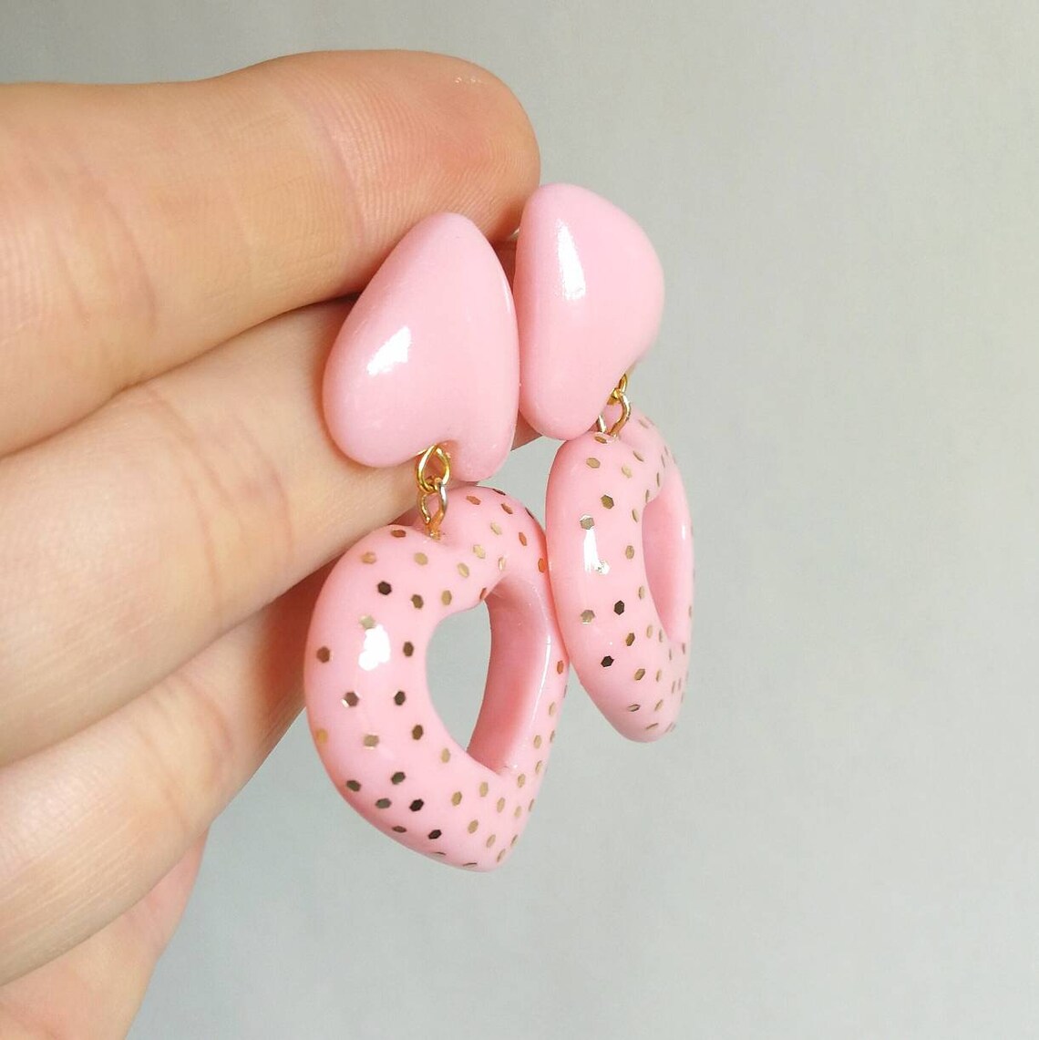 Light Pink Earrings Heart Studs Dangle Ear Jewelry Double Etsy