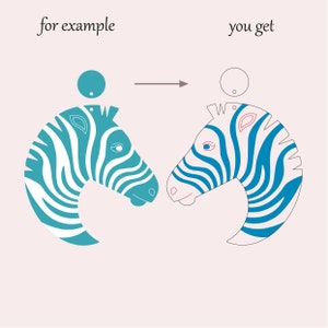 May include: A printable template for a zebra head craft. The template shows a blue and white zebra head with a pink nose and blue eyes. The template is labeled "for example" and "you get".