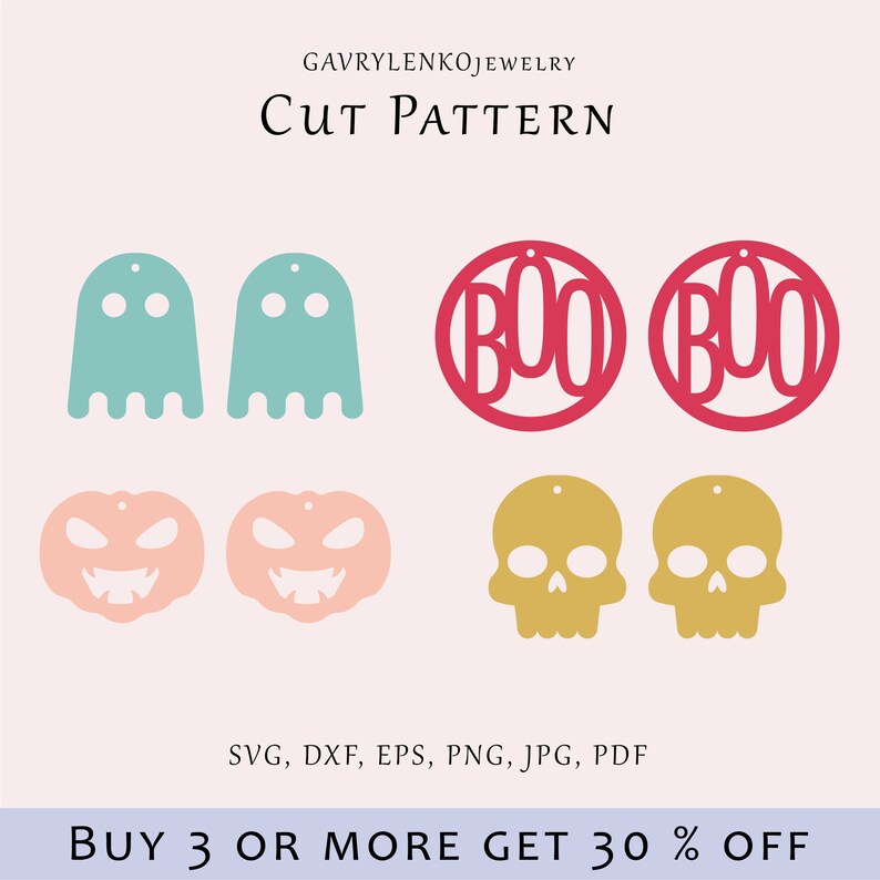 May include: A digital cut file design set for Halloween earrings. The set includes a ghost, pumpkin, skull, and a circle with the word "BOO" in it. The designs are in various colors, including red, yellow, pink, and blue.