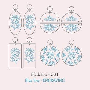 K&ouml;nnte beinhalten: Ein Satz von sechs Ohrring-Designs mit floralen Mustern. Die Ohrringe sind in Schwarz umrandet und haben blaue florale Details. Der Text "Black line - CUT" und "Blue line - ENGRAVING" befindet sich am unteren Rand des Bildes.