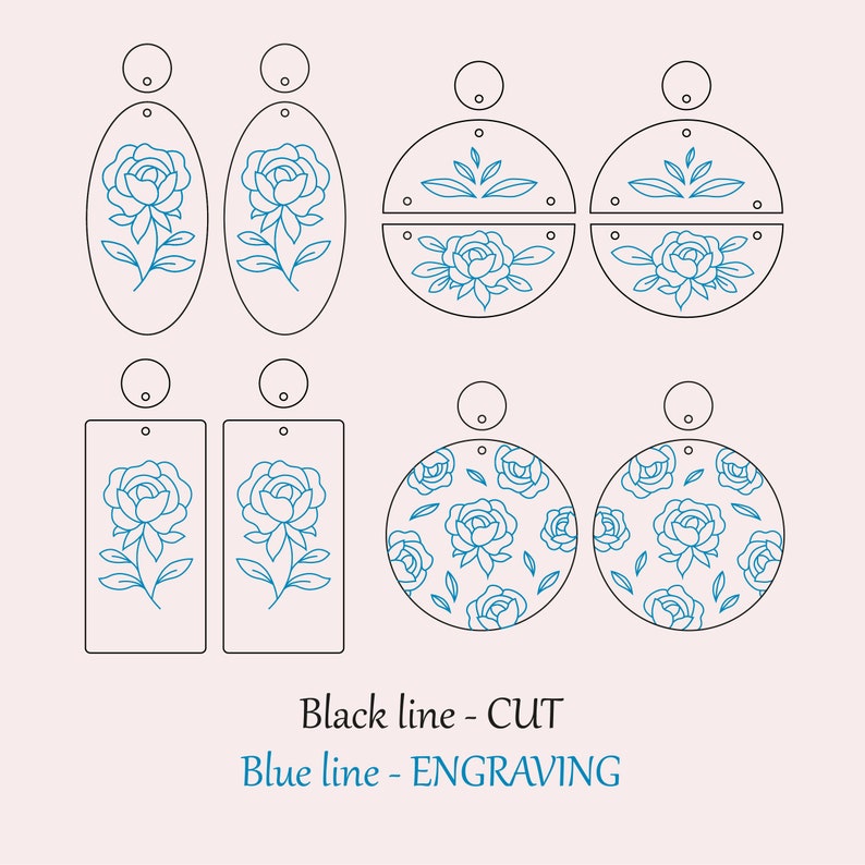 K&ouml;nnte beinhalten: Ein Satz von sechs Ohrring-Designs mit floralen Mustern. Die Ohrringe sind in Schwarz umrandet und haben blaue florale Details. Der Text "Black line - CUT" und "Blue line - ENGRAVING" befindet sich am unteren Rand des Bildes.