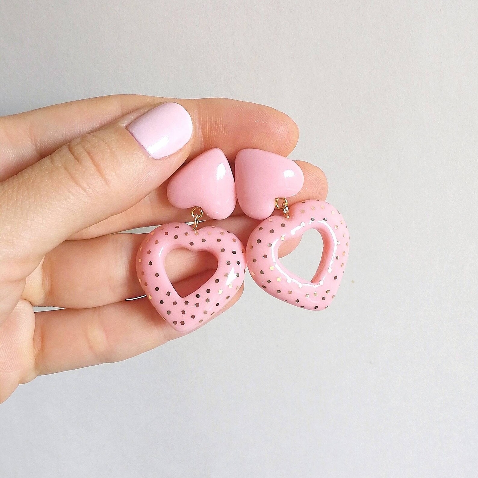 Light Pink Earrings Heart Studs Dangle Ear Jewelry Double Etsy