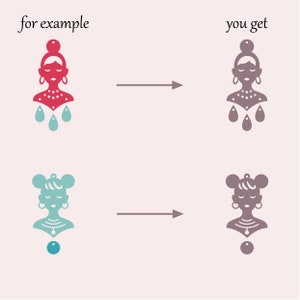 Puede incluir: Dos ilustraciones digitales de mujeres con diferentes peinados y joyas. La primera ilustraci&oacute;n es en rojo y azul, la segunda es en gris. Las ilustraciones se muestran lado a lado con flechas apuntando de izquierda a derecha.
