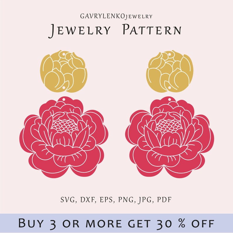 Peony flower earrings SVG, Engraving earrings template, Floral jewelry pattern, Glowforge jewelry laser svg, Wood acrylic flower templates image 1