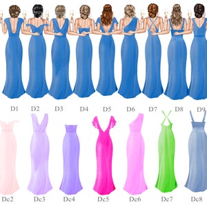 May include: Nine bridesmaid dresses in various styles and colors. The dresses are all long and have a variety of necklines and straps. The dresses are arranged in a row from left to right, with the first dress being a blue dress with a V-neck and straps. The second dress is a pink dress with a strapless neckline. The third dress is a lavender dress with a V-neck and straps. The fourth dress is a light blue dress with a strapless neckline. The fifth dress is a pink dress with a one-shoulder neckline. The sixth dress is a green dress with a halter neckline. The seventh dress is a light blue dress with a strapless neckline. The eighth dress is a yellow dress with a V-neck and straps. The ninth dress is a light blue dress with a strapless neckline.