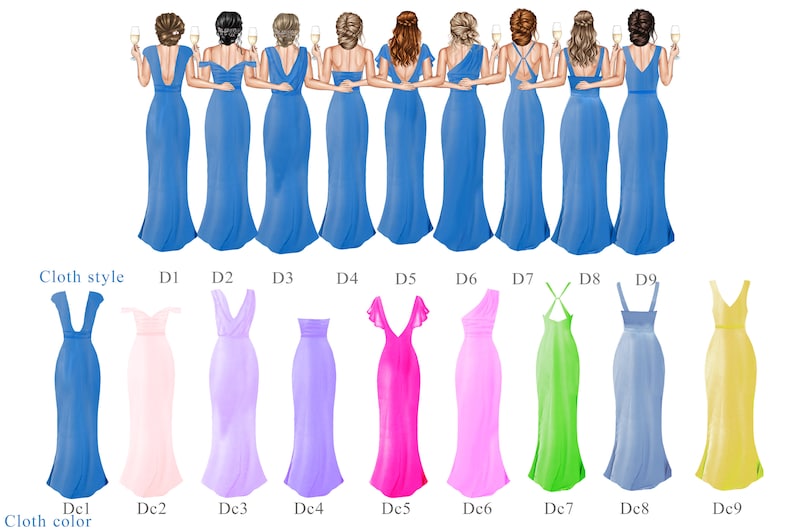 May include: Nine bridesmaid dresses in various styles and colors. The dresses are all long and have a variety of necklines and straps. The dresses are arranged in a row from left to right, with the first dress being a blue dress with a V-neck and straps. The second dress is a pink dress with a strapless neckline. The third dress is a lavender dress with a V-neck and straps. The fourth dress is a light blue dress with a strapless neckline. The fifth dress is a pink dress with a one-shoulder neckline. The sixth dress is a green dress with a halter neckline. The seventh dress is a light blue dress with a strapless neckline. The eighth dress is a yellow dress with a V-neck and straps. The ninth dress is a light blue dress with a strapless neckline.