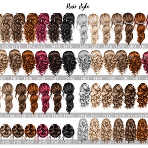 May include: A chart of 48 different hairstyles for women. The hairstyles are arranged in rows of 8, with each row showing a different style. The hairstyles are all in the same style, with the hair pulled back and styled in a variety of ways. The hairstyles are all in different colors, including blonde, brown, black, red, and gray.