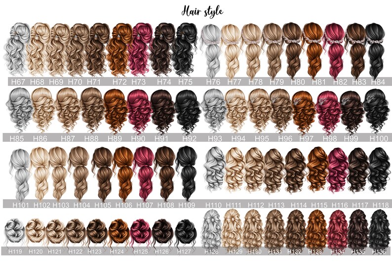 May include: A chart of 48 different hairstyles for women. The hairstyles are arranged in rows of 8, with each row showing a different style. The hairstyles are all in the same style, with the hair pulled back and styled in a variety of ways. The hairstyles are all in different colors, including blonde, brown, black, red, and gray.