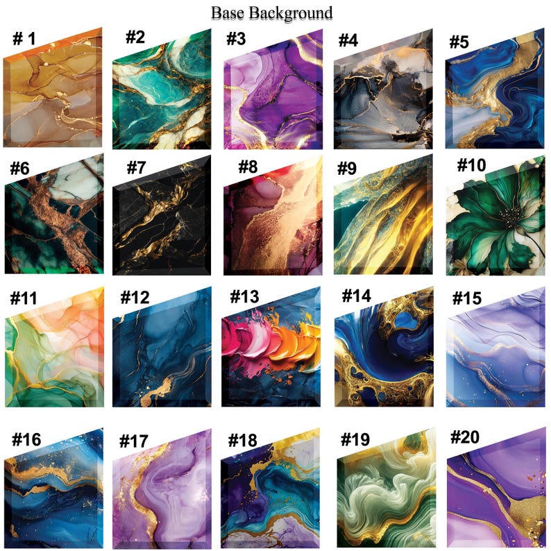 Puede incluir: Veinte dise&ntilde;os abstractos de m&aacute;rmol diferentes con acentos dorados. Cada dise&ntilde;o est&aacute; numerado del 1 al 20. Los dise&ntilde;os son de varios colores, incluidos azul, verde, morado, rosa y amarillo.