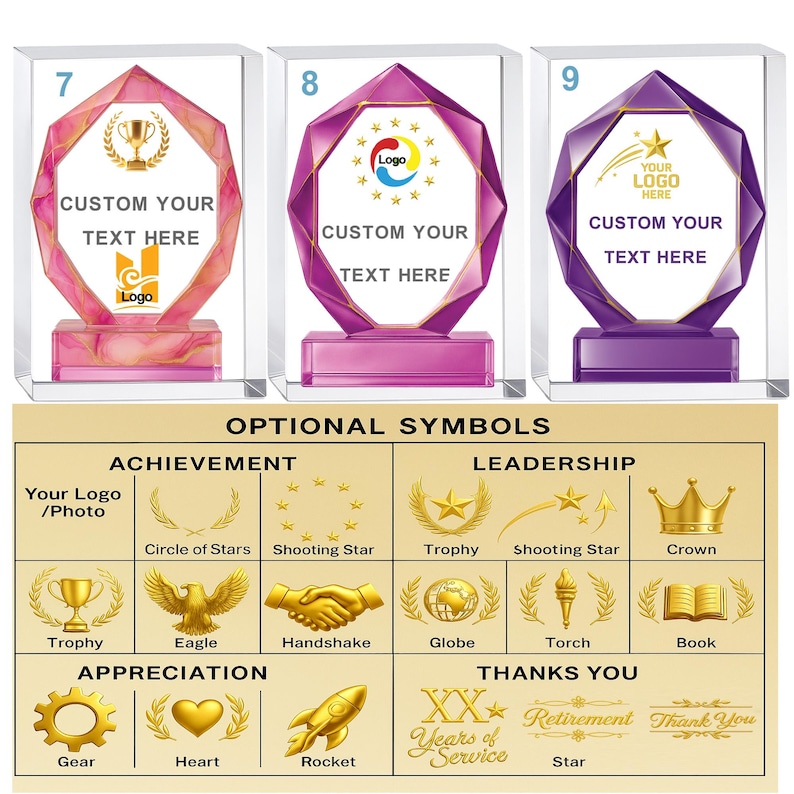 May include: Three crystal awards with pink, purple, and violet accents. Each trophy has a unique shape and base, with space for custom text and logos. A chart below displays optional achievement and leadership symbols.