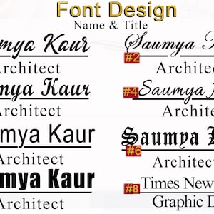 May include: A graphic design image showing different font styles for the name "Saumya Kaur" and the title "Architect". The fonts are numbered 1 through 8. Font 8 is Times New Roman and is labeled "Graphic Design".