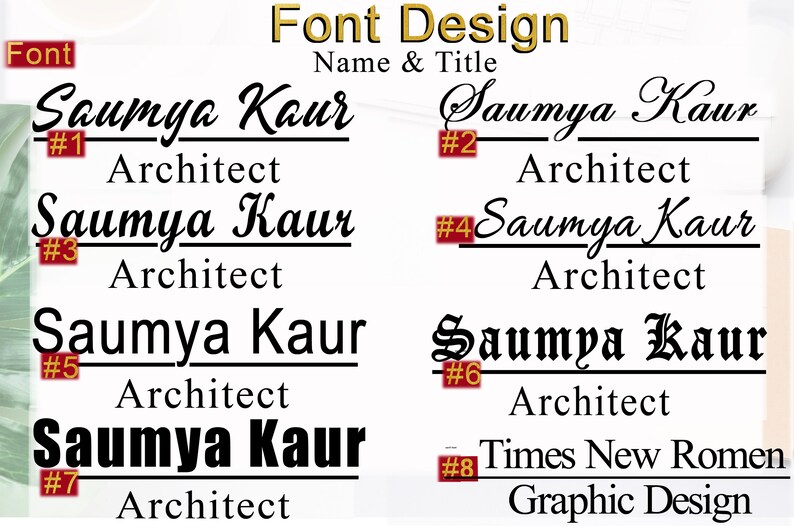 May include: A graphic design image showing different font styles for the name "Saumya Kaur" and the title "Architect". The fonts are numbered 1 through 8. Font 8 is Times New Roman and is labeled "Graphic Design".