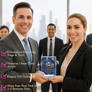May include: A clear acrylic award with a blue star design and the text "CUSTOM YOUR TEXT HERE" is held by two people. The award is 19mm thick and has a blue base. The image also shows the text "Personalized Engraving (Logo & Text)".
