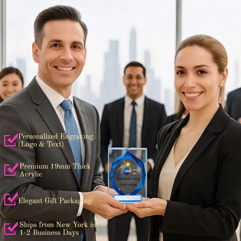 May include: A clear acrylic award with a blue star design and the text "CUSTOM YOUR TEXT HERE" is held by two people. The award is 19mm thick and has a blue base. The image also shows the text "Personalized Engraving (Logo & Text)".