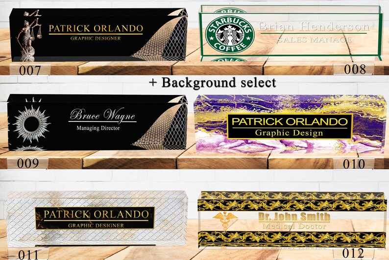 May include: A collection of ten different acrylic desk nameplates with various background designs. The nameplates feature different names and job titles, including "Patrick Orlando, Graphic Designer", "Bruce Wayne, Managing Director", and "Dr. John Smith, Medical Doctor".
