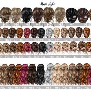 May include: A chart of 66 different hairstyles for women. The hairstyles are arranged in rows and columns, and each hairstyle is labeled with a number. The hairstyles include updos, braids, and loose waves.