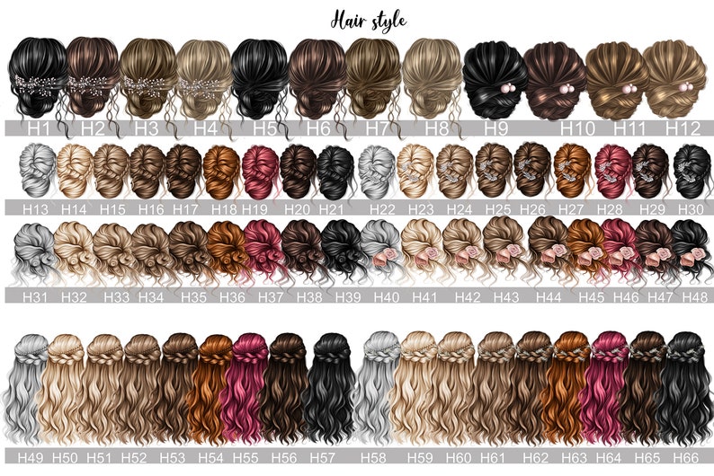 May include: A chart of 66 different hairstyles for women. The hairstyles are arranged in rows and columns, and each hairstyle is labeled with a number. The hairstyles include updos, braids, and loose waves.