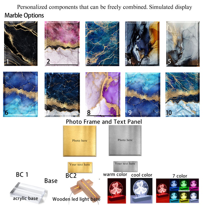 May include: A customizable photo frame with a variety of marble designs, photo frames, and text panels. The marble designs are in shades of blue, purple, pink, black, and gray with gold accents. The photo frames are gold and silver. The text panels are gold and silver with the text 'Photo here' and 'Your text here'. The base options are acrylic and wooden led light base. The light options are warm color, cool color, and 7 color.