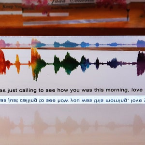 May include: A clear acrylic block with a rainbow-colored sound wave graphic and the text "Hey I was just calling to see how you was this morning, love you, Mom" and a QR code.