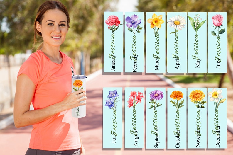 Puede incluir: Un juego de 12 vasos personalizados con dise&ntilde;os florales que representan cada mes del a&ntilde;o. Cada vaso presenta una flor diferente y el nombre del mes con la palabra "Jessica" debajo.