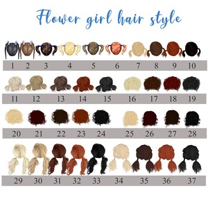May include: A chart of 37 different flower girl hairstyles. The hairstyles are illustrated with cartoon drawings of girls' heads with different hair colors and styles.