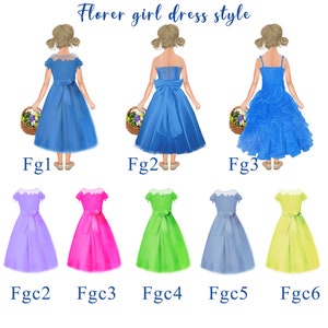 May include: Seven different flower girl dress styles in various colors, including blue, purple, pink, green, and yellow. The dresses are all knee-length and have a variety of styles, including lace, ruffles, and bows.