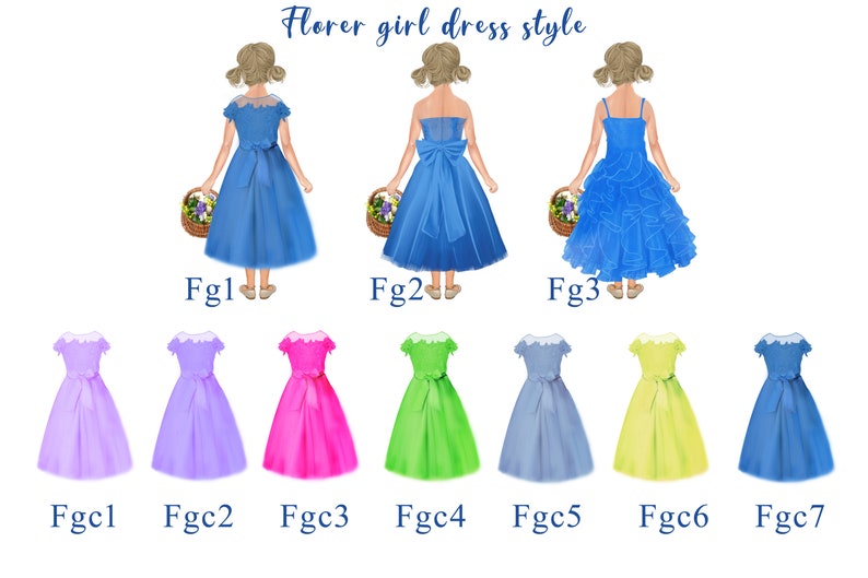 May include: Seven different flower girl dress styles in various colors, including blue, purple, pink, green, and yellow. The dresses are all knee-length and have a variety of styles, including lace, ruffles, and bows.