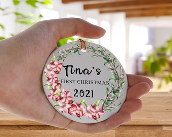 Floral Ceramic Round Decoration, Personalized First Christmas Baby Ornament, Personalized New Baby Gift, Name and Date/Year Ceramic Ornament