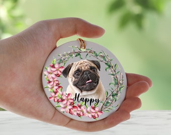 Husdjursprydnad, Anpassad julgransprydnad för hund, Gyllene klotterprydnad, Hundfotogåva, Rund keramisk blommig hunddekoration