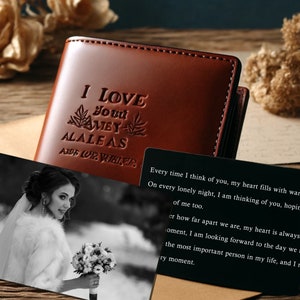 Inserción de billetera con imagen grabada, tarjeta con foto de billetera personalizada, tarjeta de mensaje personalizada, tarjeta de nota de amor con foto grabada o impresa con láser