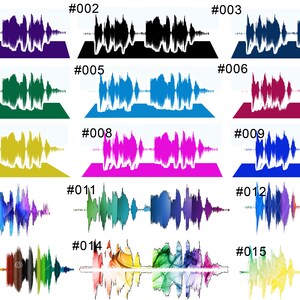 May include: A series of 15 colorful sound wave images, each with a unique color scheme and pattern. The images are numbered from 001 to 015.