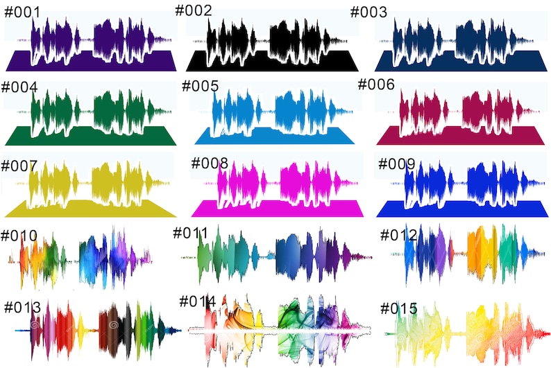 May include: A series of 15 colorful sound wave images, each with a unique color scheme and pattern. The images are numbered from 001 to 015.