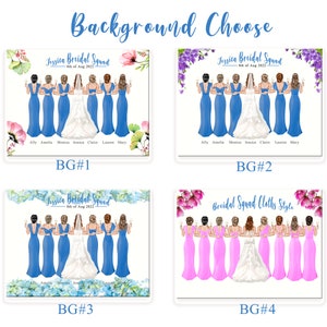 May include: Four different background options for a bridal squad illustration. The first background is blue with white flowers and green leaves. The second background is white with purple flowers. The third background is blue with white flowers. The fourth background is white with pink flowers. Each background has the text "Bridal Squad" and the bride's name.
