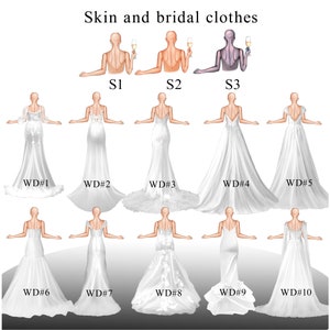 May include: A digital illustration of ten different white wedding dresses, with a variety of styles and silhouettes. The dresses are shown from the back, with the bride's skin tone visible. The image is labeled with the text "Skin and bridal clothes" and each dress is numbered.