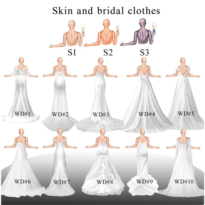 May include: A digital illustration of ten different white wedding dresses, with a variety of styles and silhouettes. The dresses are shown from the back, with the bride's skin tone visible. The image is labeled with the text "Skin and bridal clothes" and each dress is numbered.