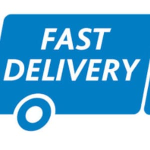 May include: A blue delivery truck with the words "FAST DELIVERY" on the side. The truck is moving quickly, as indicated by the blue lines behind it.