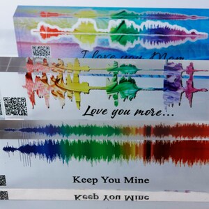 Pu&ograve; includere: Tre blocchi di acrilico trasparenti con motivi di onde sonore colorati e testo. Il blocco superiore dice "I love you Mom". Il blocco centrale dice "Love you more..." Il blocco inferiore dice "Keep You Mine" e "Keeb JOM WIDG".