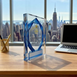 May include: A clear acrylic award with a blue geometric design and a gold star. The text "CUSTOM YOUR TEXT HERE" is visible. The award is on a wooden desk with a laptop and a cityscape in the background.
