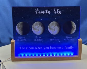 Luz noturna personalizada com fases da lua e nomes de crianças - Lâmpada LED personalizada por data, presente de Dia das Mães para mamãe, avó e mamãe, lembrança de família