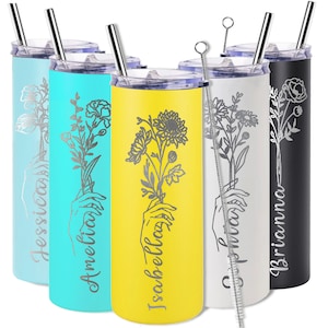 Personalized Birth Flower Tumbler, Custom Name Tumbler, Birthday Flower Tumbler, Birth Month Tumbler, 20 Oz Skinny Floral Tumbler style 1