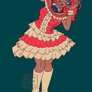May include: Illustration of a character in a red and cream-colored ruffled dress, matching boots, and a blue bow. The character has red hair, blue eyes, and is smiling. The background is a teal color.