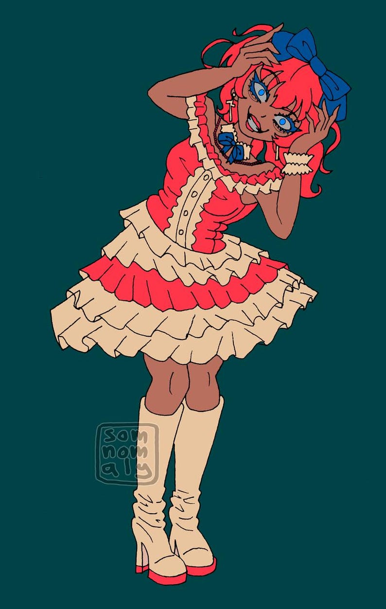 May include: Illustration of a character in a red and cream-colored ruffled dress, matching boots, and a blue bow. The character has red hair, blue eyes, and is smiling. The background is a teal color.
