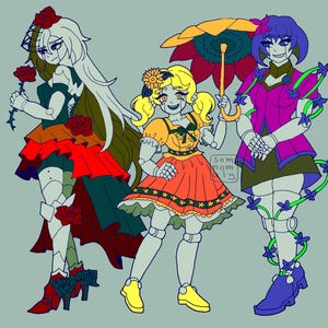 May include: Illustration of three robot-like figures in colorful outfits. The figures have floral and botanical accents, including roses, sunflowers, and vines. One figure holds a flower umbrella. The color palette includes red, orange, purple, and green.