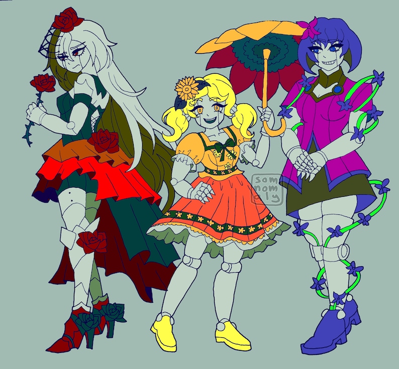 May include: Illustration of three robot-like figures in colorful outfits. The figures have floral and botanical accents, including roses, sunflowers, and vines. One figure holds a flower umbrella. The color palette includes red, orange, purple, and green.
