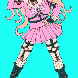 May include: Digital illustration of a character in a pink school uniform with a pleated skirt, black boots, and goggles. The character is striking a pose with a hand near their head and sticking out their tongue.