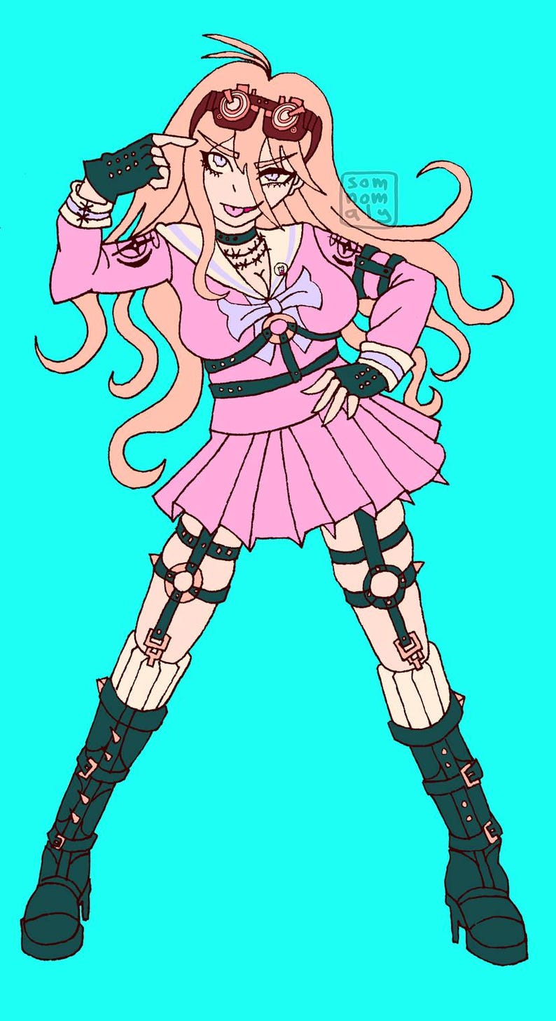 May include: Digital illustration of a character in a pink school uniform with a pleated skirt, black boots, and goggles. The character is striking a pose with a hand near their head and sticking out their tongue.